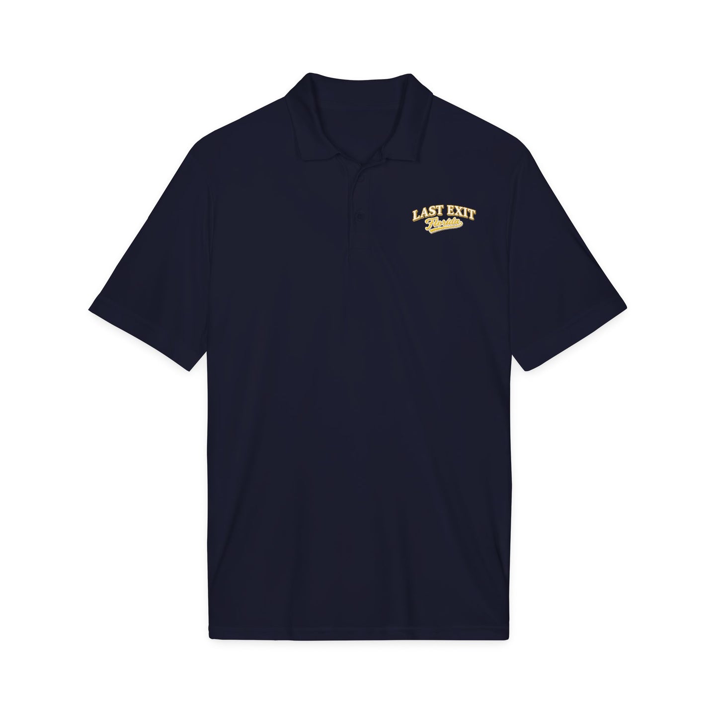 Last Exit Florida Vintage Script Performance Polo — Embroidered Golf & Travel Polo