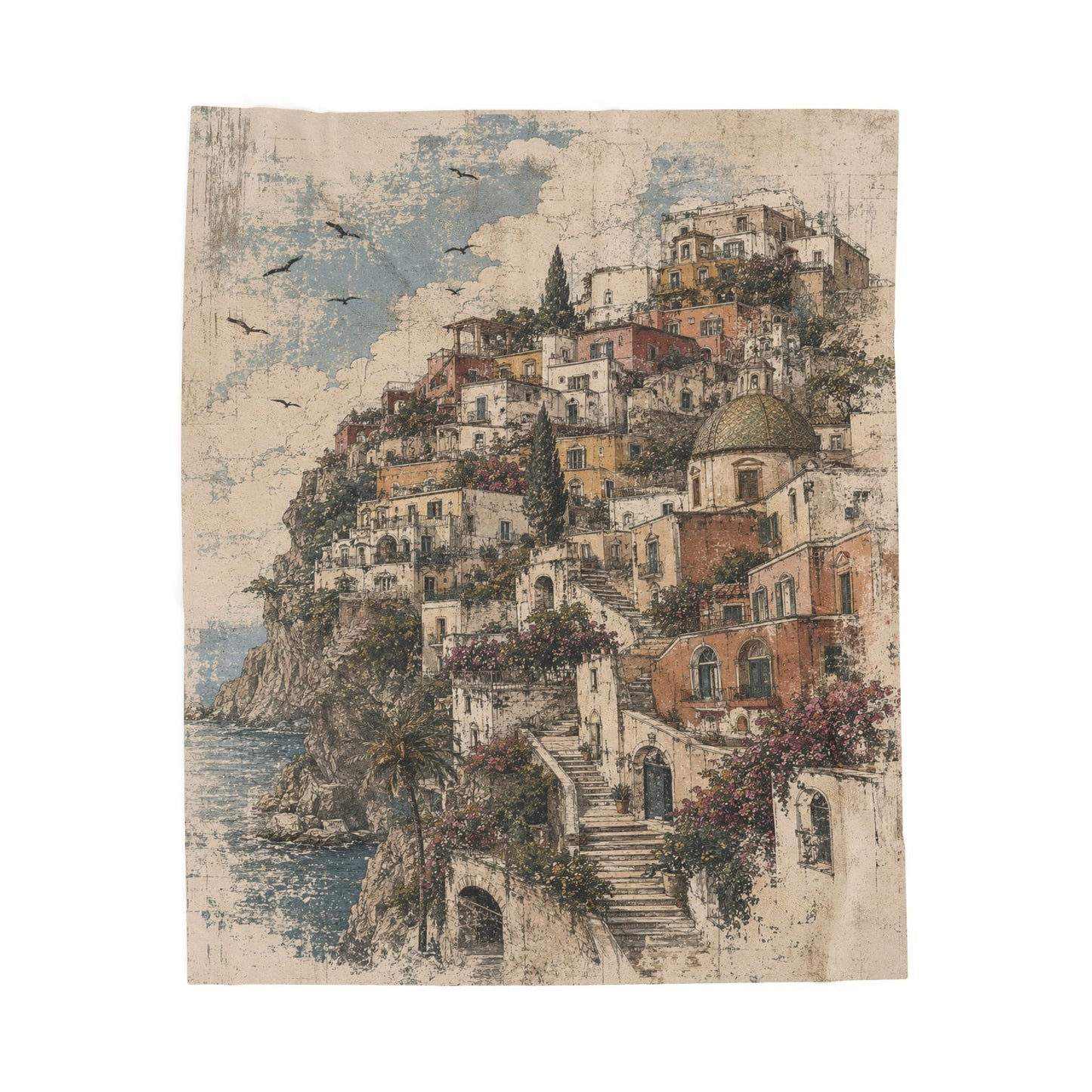 Amalfi Coast Vintage Art Print Velveteen Plush Blanket — Mediterranean Coastal Blue Throw