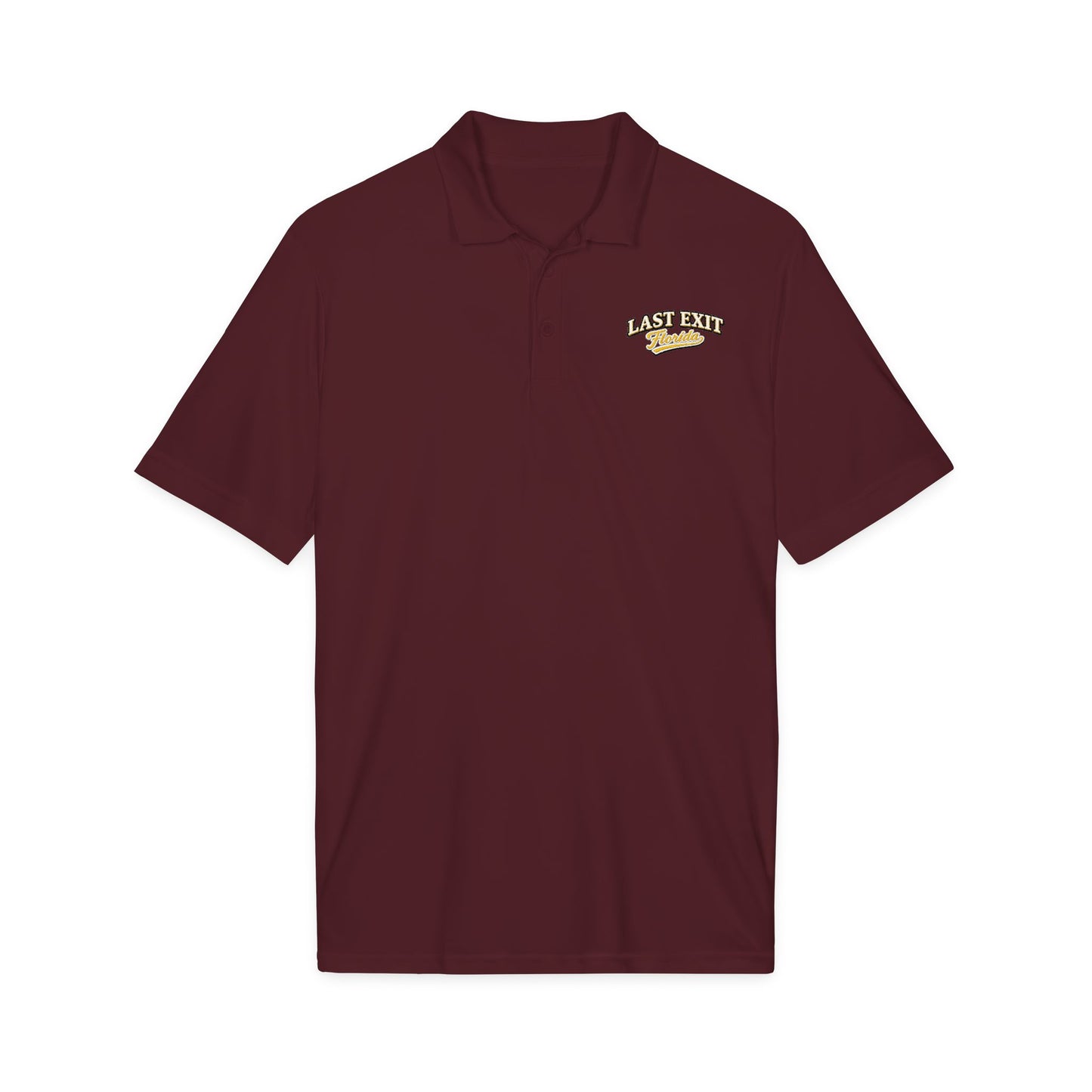 Last Exit Florida Vintage Script Performance Polo — Embroidered Golf & Travel Polo