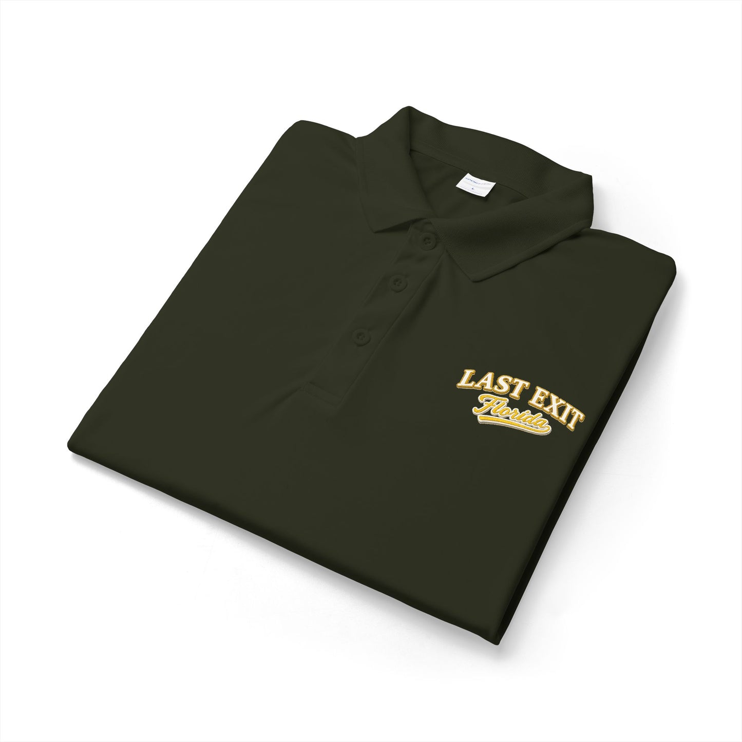 Last Exit Florida Vintage Script Performance Polo — Embroidered Golf & Travel Polo