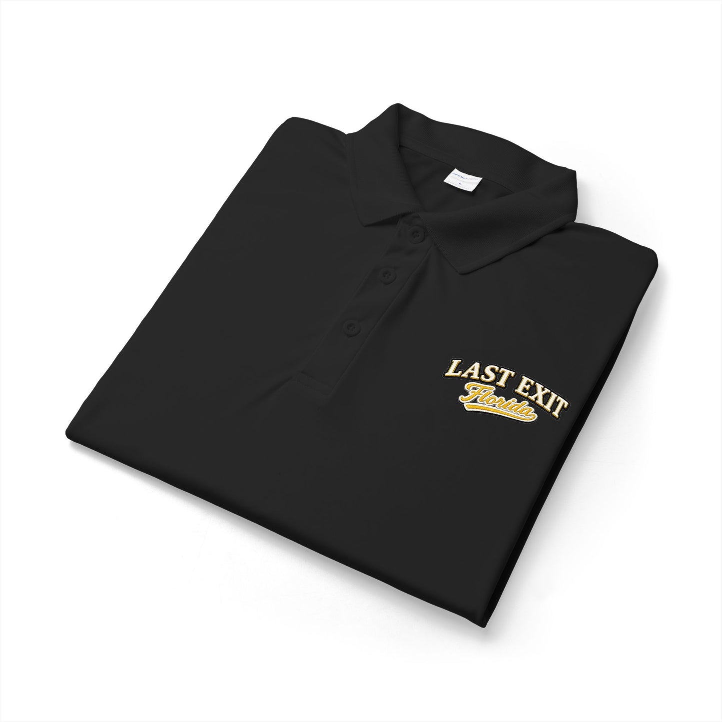 Last Exit Florida Vintage Script Performance Polo — Embroidered Golf & Travel Polo