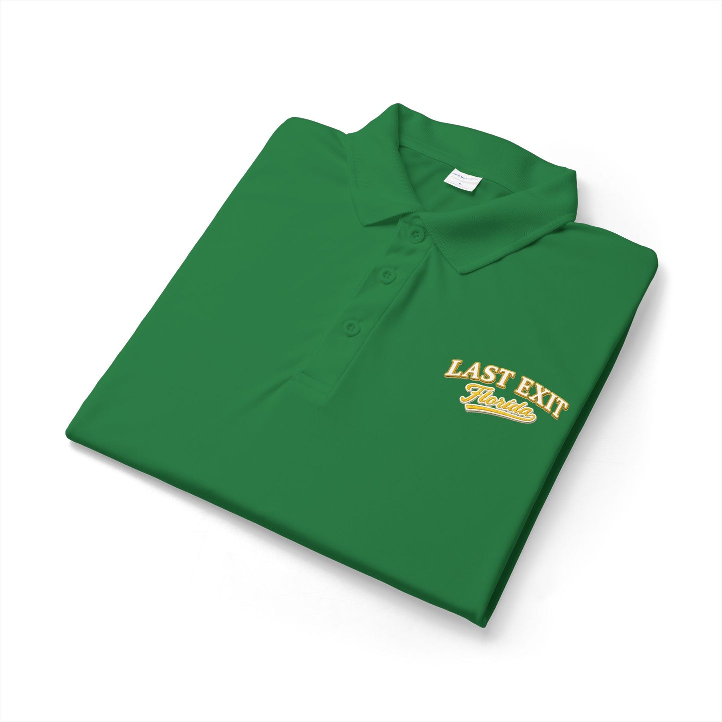 Last Exit Florida Vintage Script Performance Polo — Embroidered Golf & Travel Polo