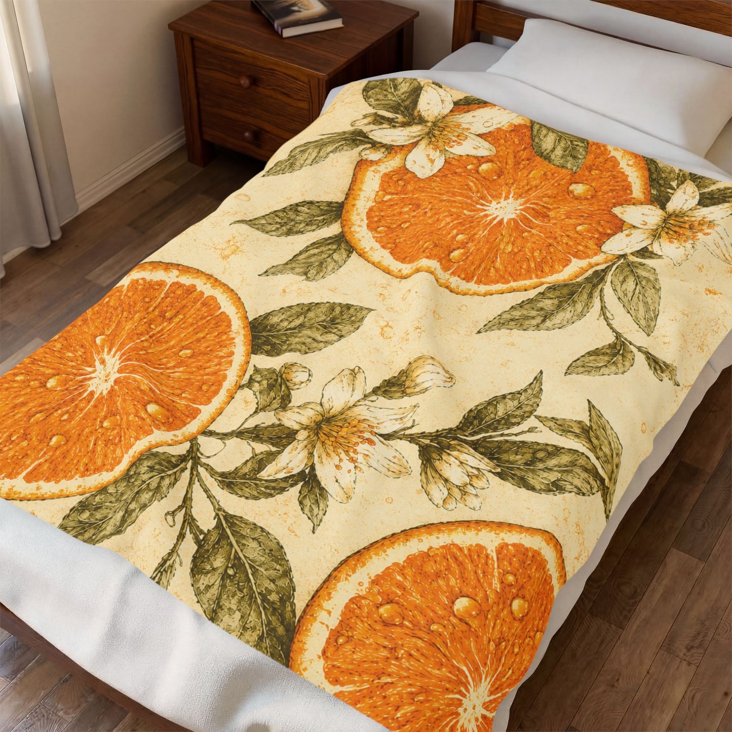 Velveteen Plush Blanket — Vintage Orange Citrus Floral Throw
