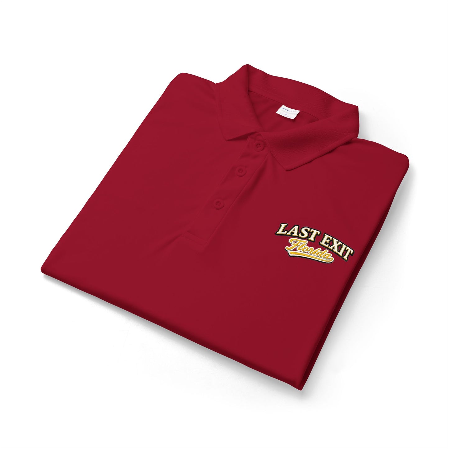 Last Exit Florida Vintage Script Performance Polo — Embroidered Golf & Travel Polo