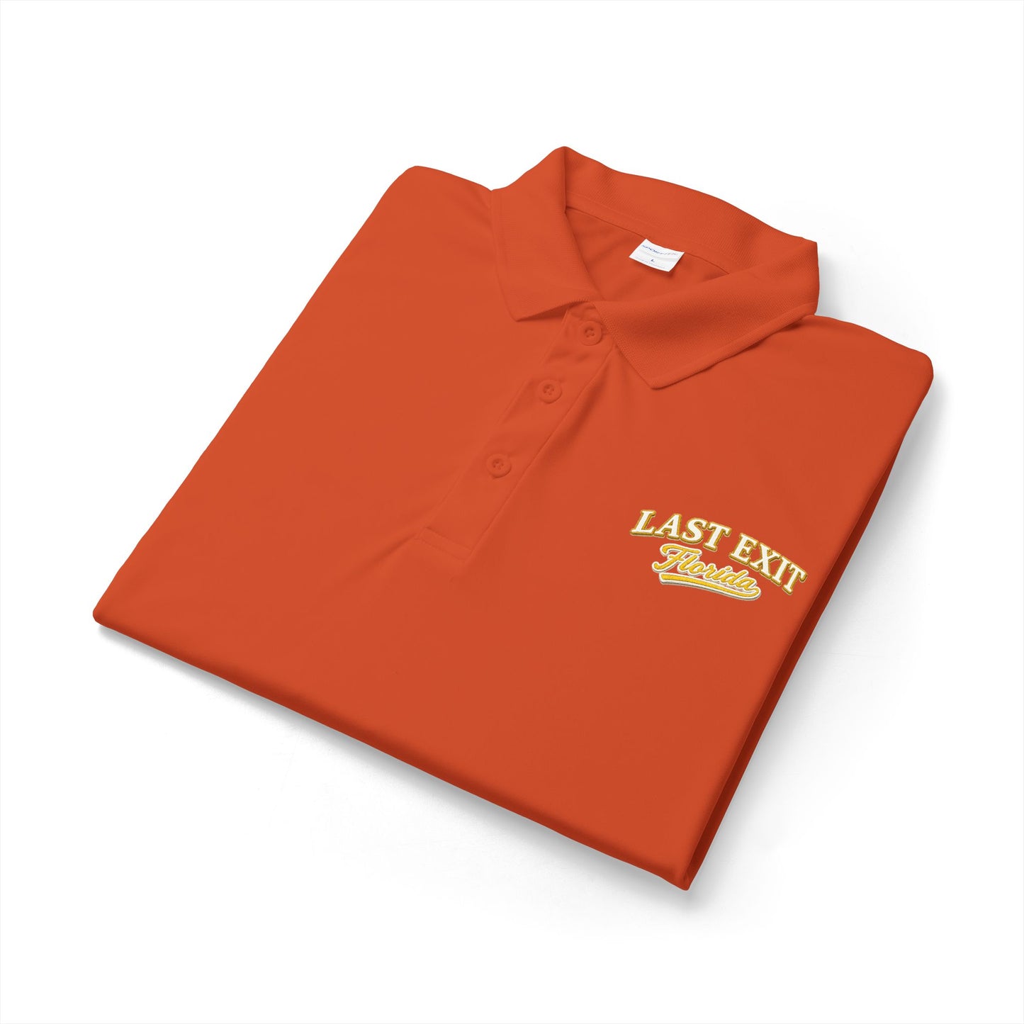 Last Exit Florida Vintage Script Performance Polo — Embroidered Golf & Travel Polo