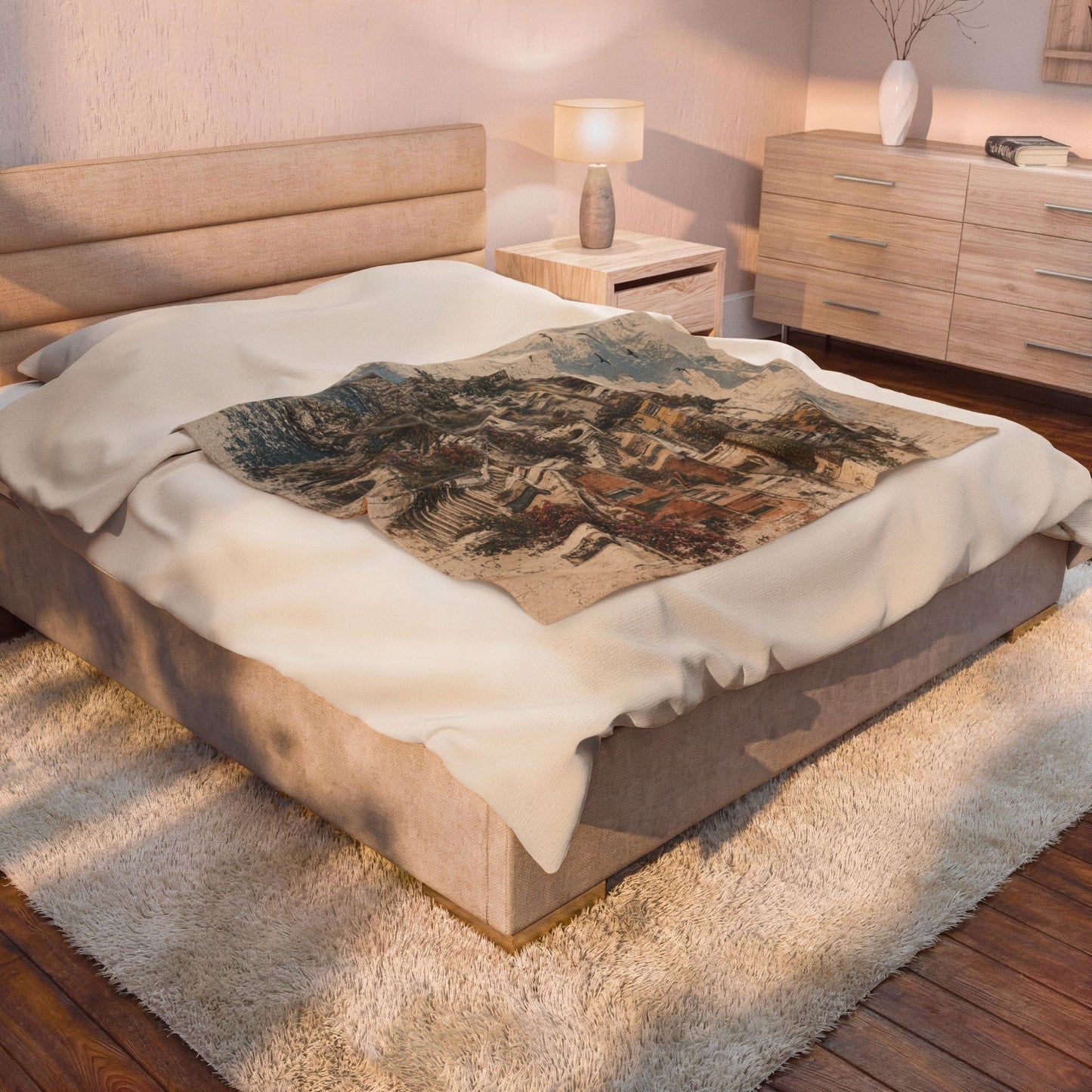 Amalfi Coast Vintage Art Print Velveteen Plush Blanket — Mediterranean Coastal Blue Throw