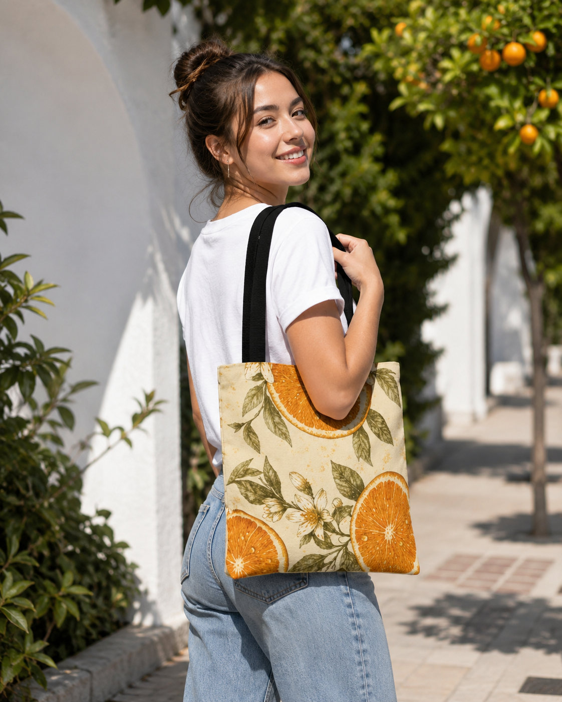 Citrus Blossom Tote Bag – Vintage Orange Floral All-Over Print
