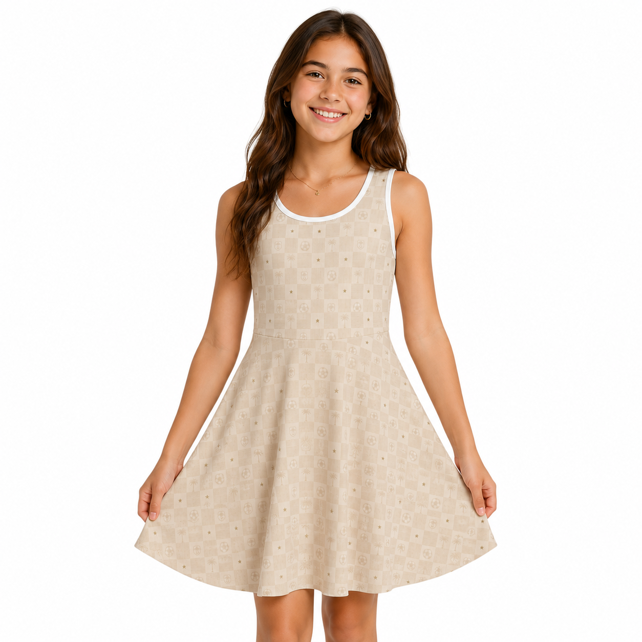 Girls' Sleeveless Sundress — Neutral Checkerboard A-Line (Florida-Inspired)