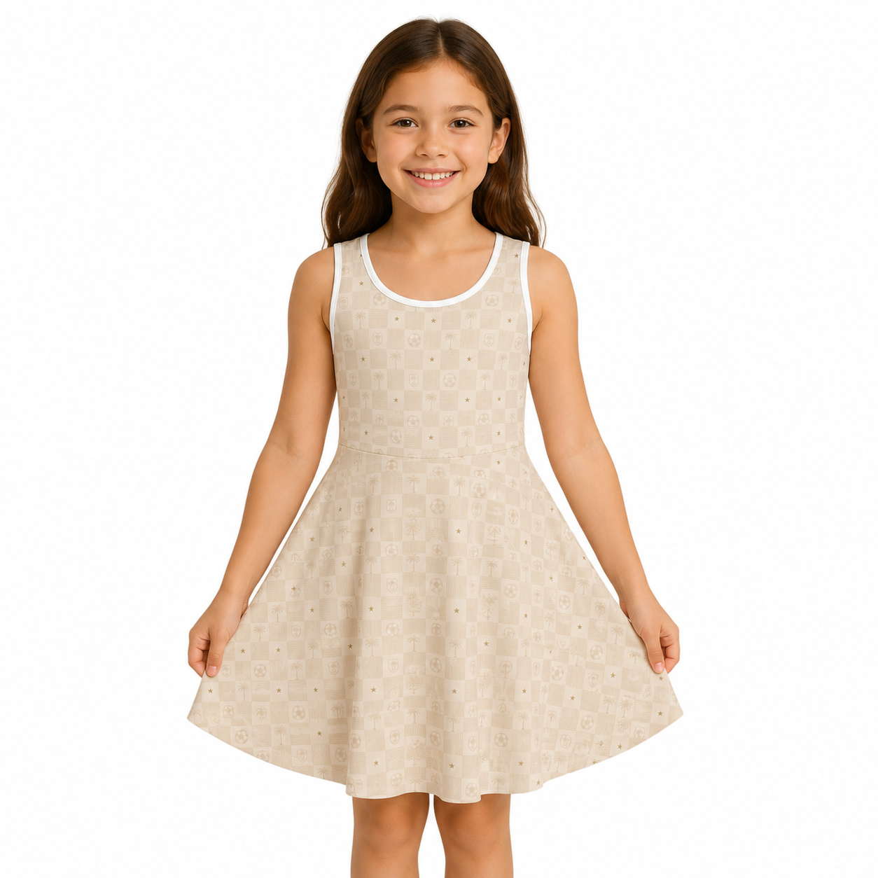 Girls' Sleeveless Sundress — Neutral Checkerboard A-Line (Florida-Inspired)
