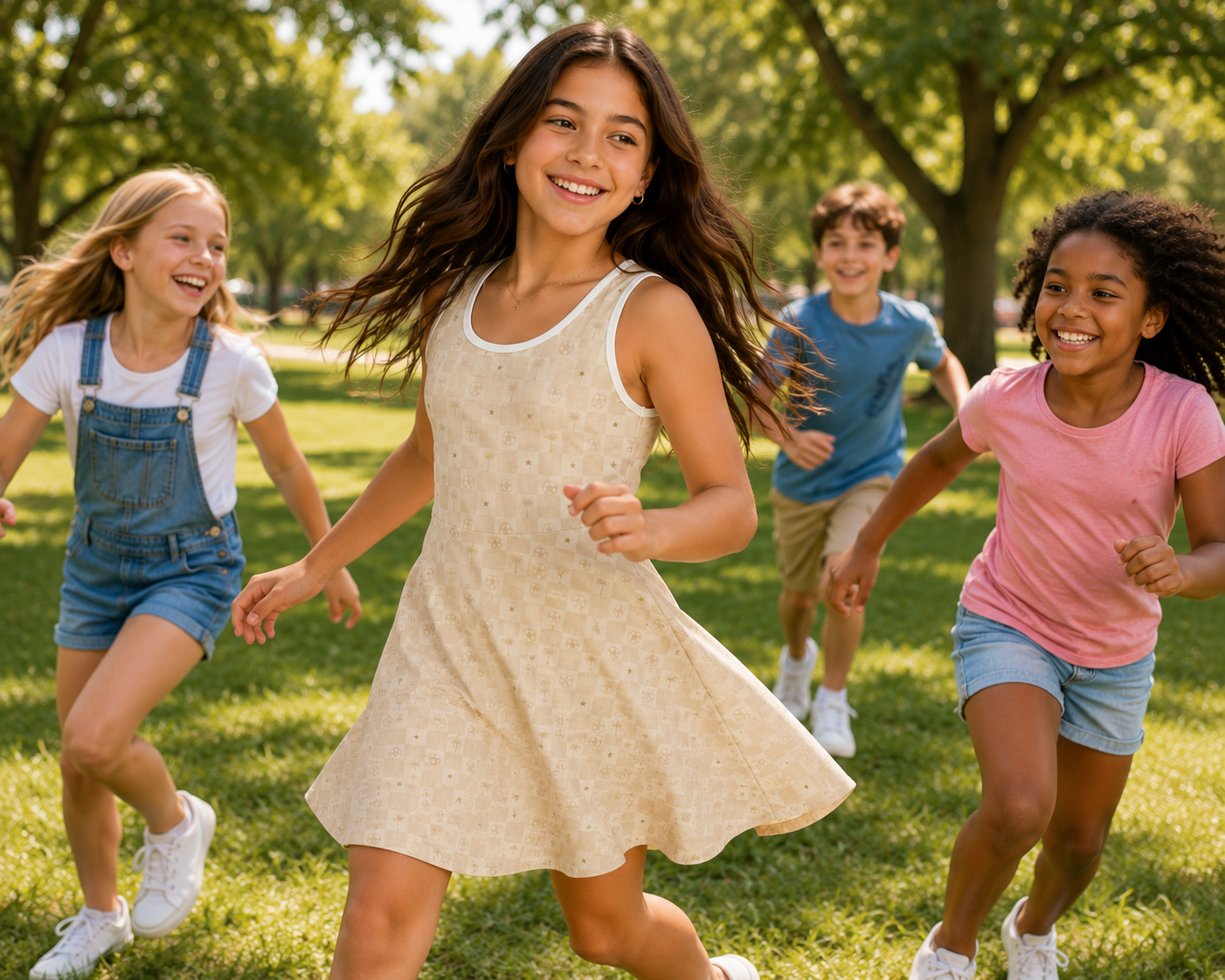 Girls' Sleeveless Sundress — Neutral Checkerboard A-Line (Florida-Inspired)