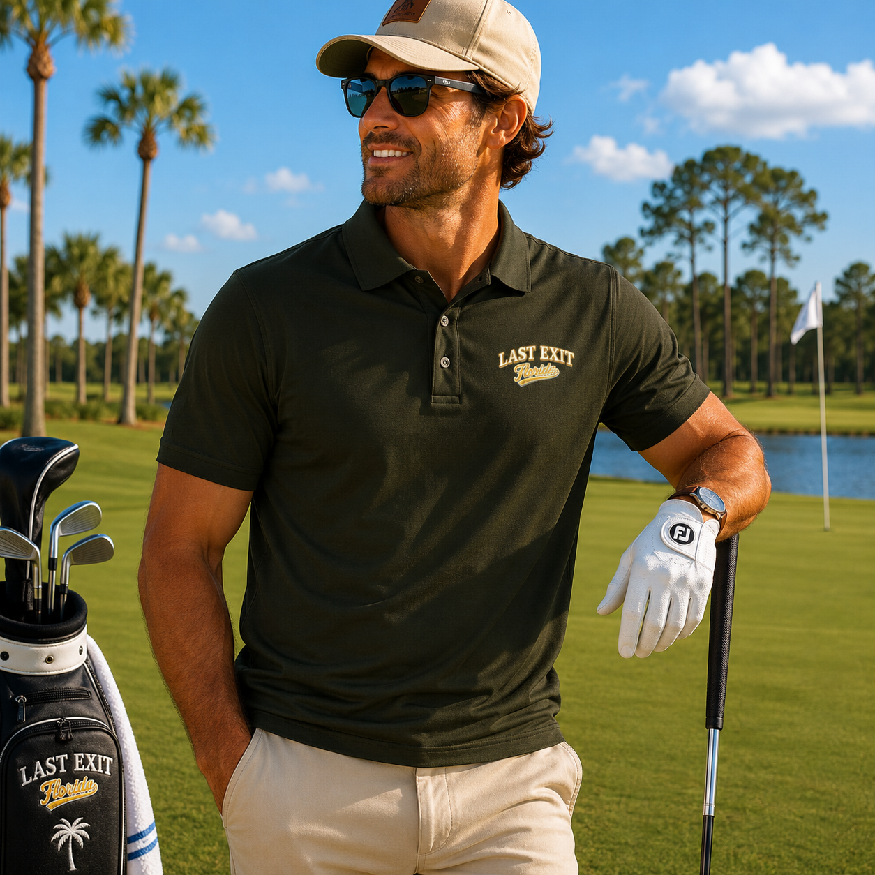 Last Exit Florida Vintage Script Performance Polo — Embroidered Golf & Travel Polo