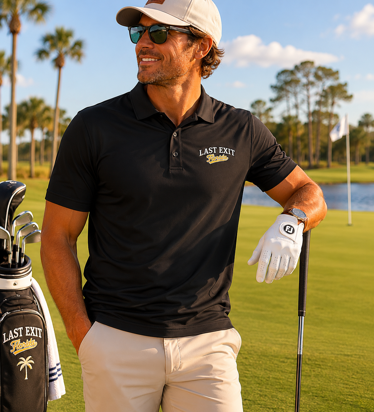 Last Exit Florida Vintage Script Performance Polo — Embroidered Golf & Travel Polo