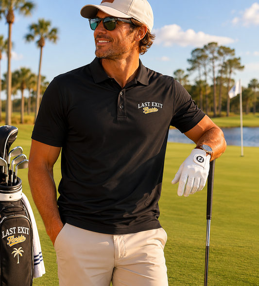 Last Exit Florida Vintage Script Performance Polo — Embroidered Golf & Travel Polo