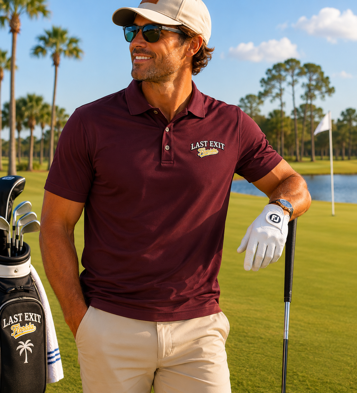 Last Exit Florida Vintage Script Performance Polo — Embroidered Golf & Travel Polo
