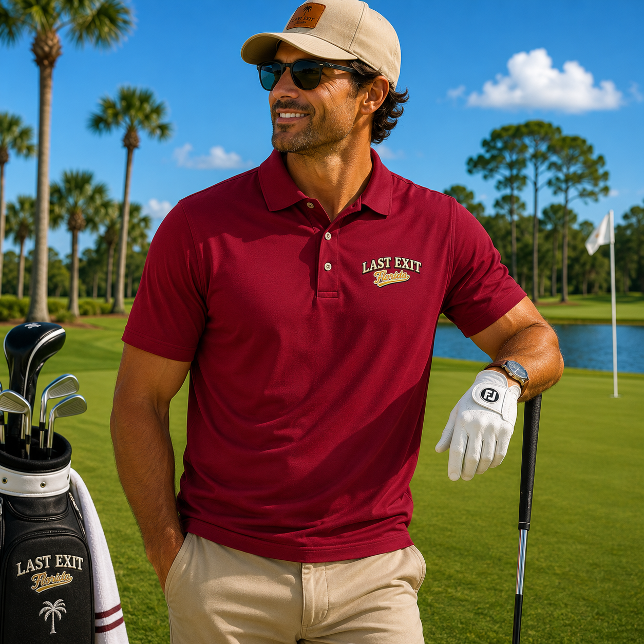 Last Exit Florida Vintage Script Performance Polo — Embroidered Golf & Travel Polo