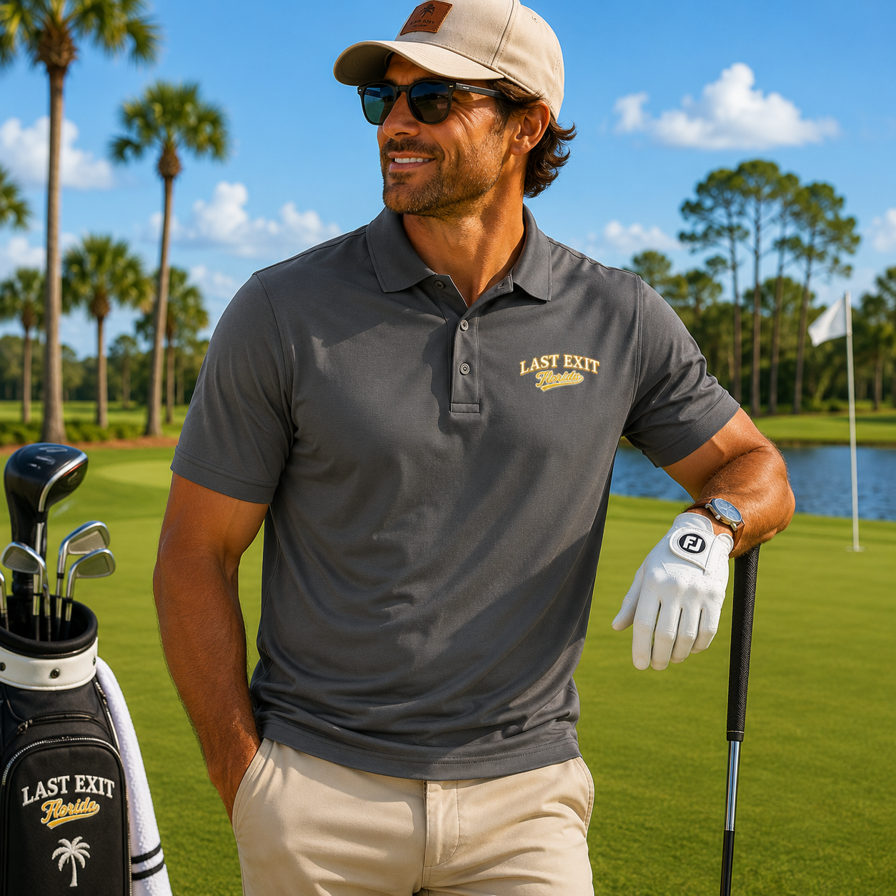 Last Exit Florida Vintage Script Performance Polo — Embroidered Golf & Travel Polo