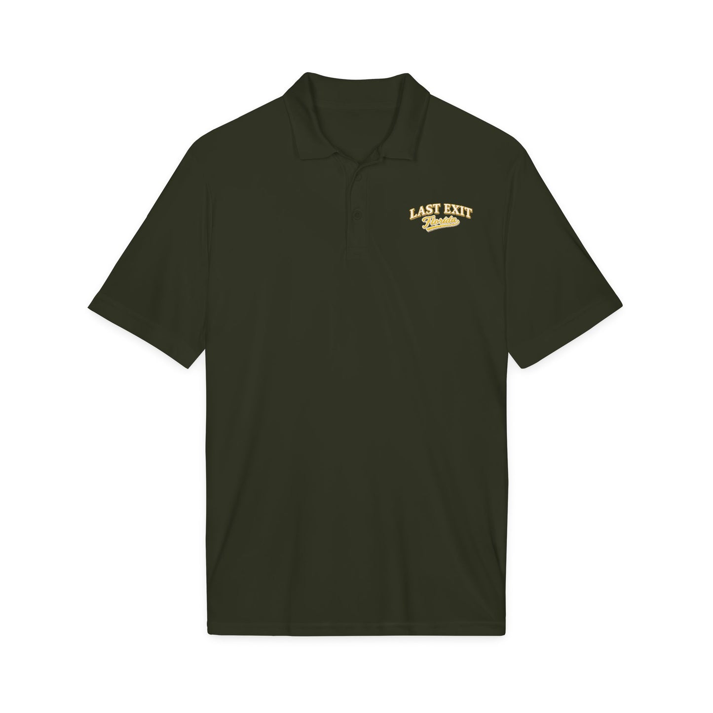 Last Exit Florida Vintage Script Performance Polo — Embroidered Golf & Travel Polo