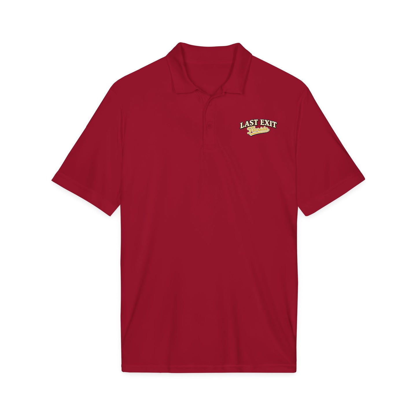 Last Exit Florida Vintage Script Performance Polo — Embroidered Golf & Travel Polo