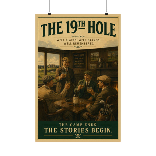 The 19th Hole Golf Poster – Vintage Bar Pub Scene, “The Game Ends. The Stories Begin.” Matte Vertical Print
