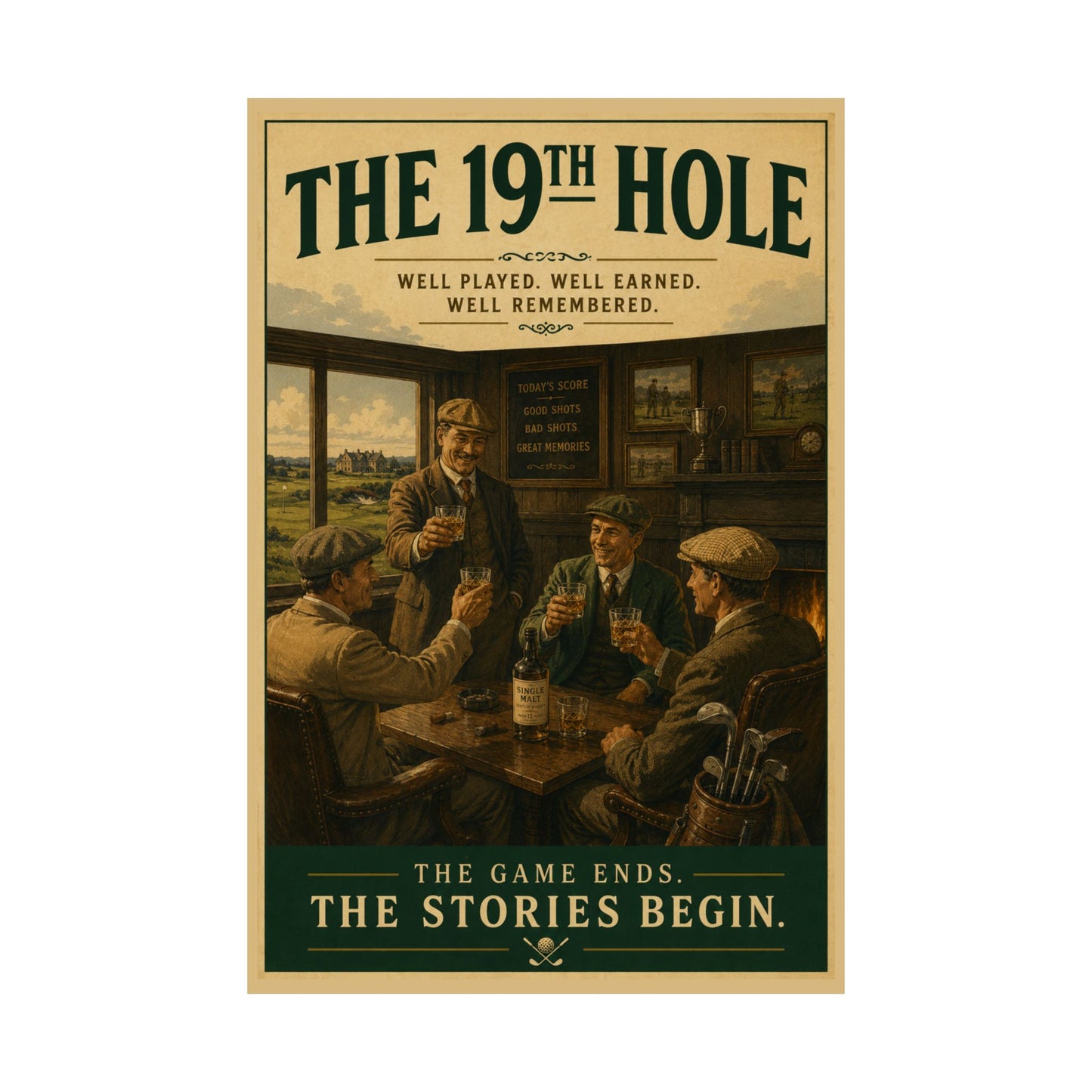 The 19th Hole Golf Poster – Vintage Bar Pub Scene, “The Game Ends. The Stories Begin.” Matte Vertical Print