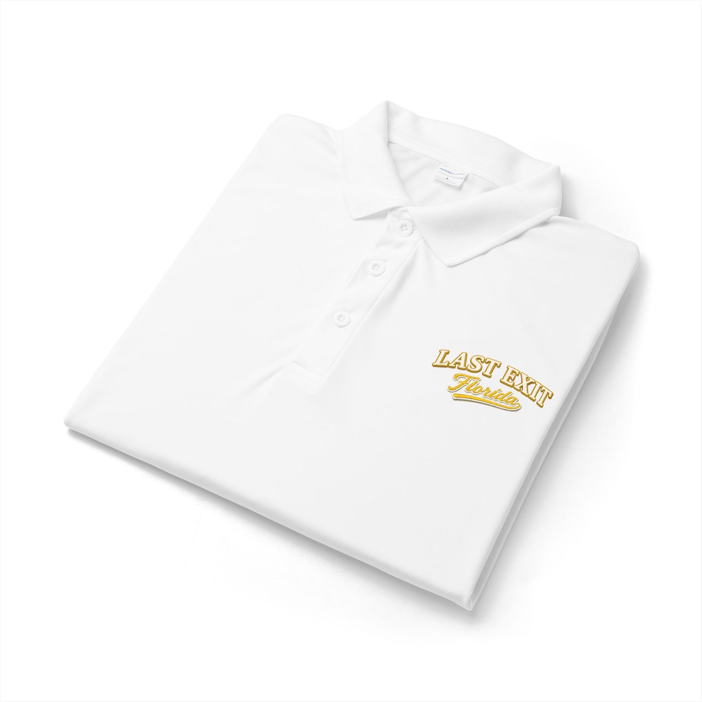 Last Exit Florida Vintage Script Performance Polo — Embroidered Golf & Travel Polo