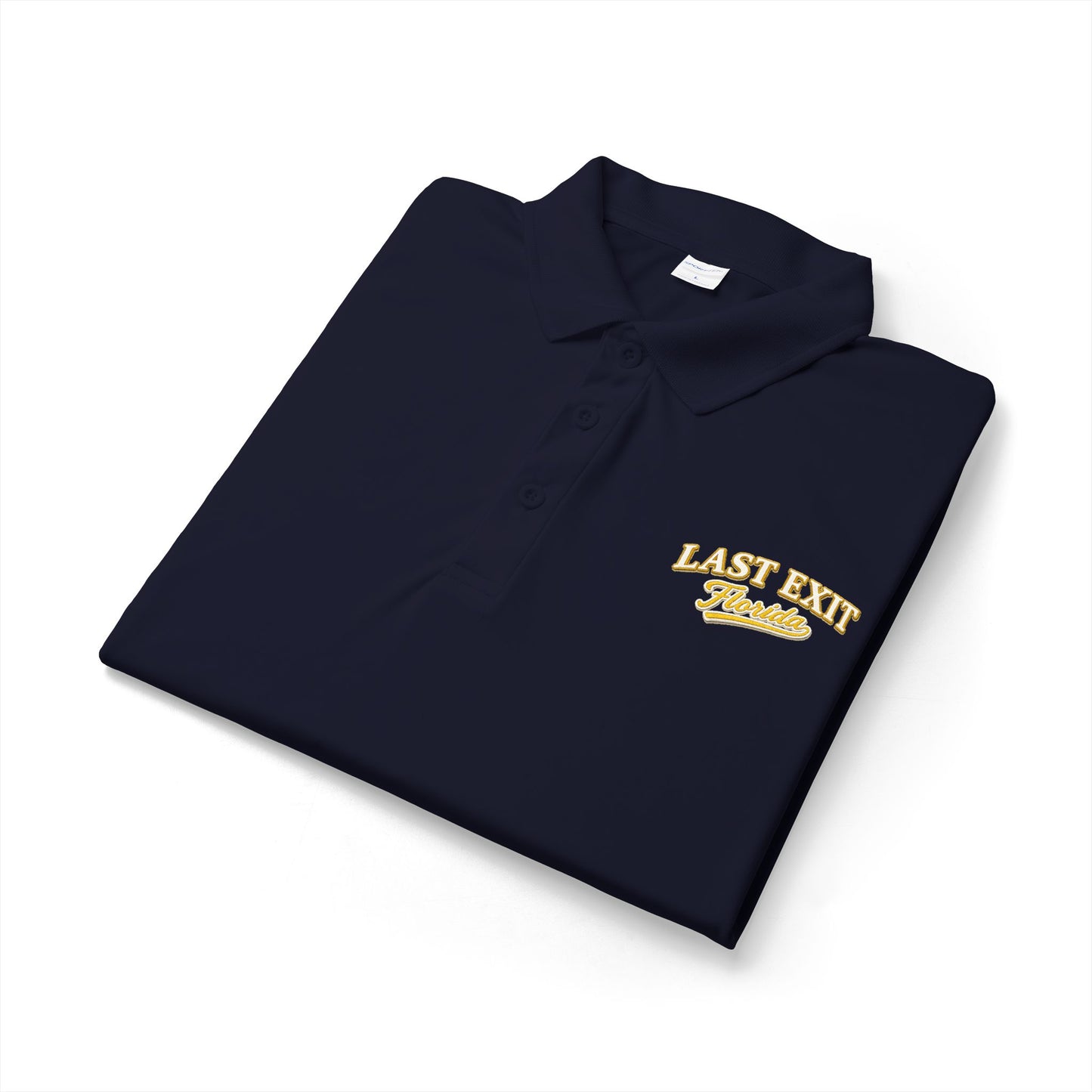 Last Exit Florida Vintage Script Performance Polo — Embroidered Golf & Travel Polo