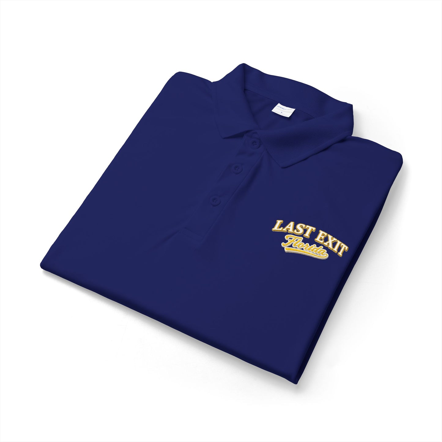 Last Exit Florida Vintage Script Performance Polo — Embroidered Golf & Travel Polo