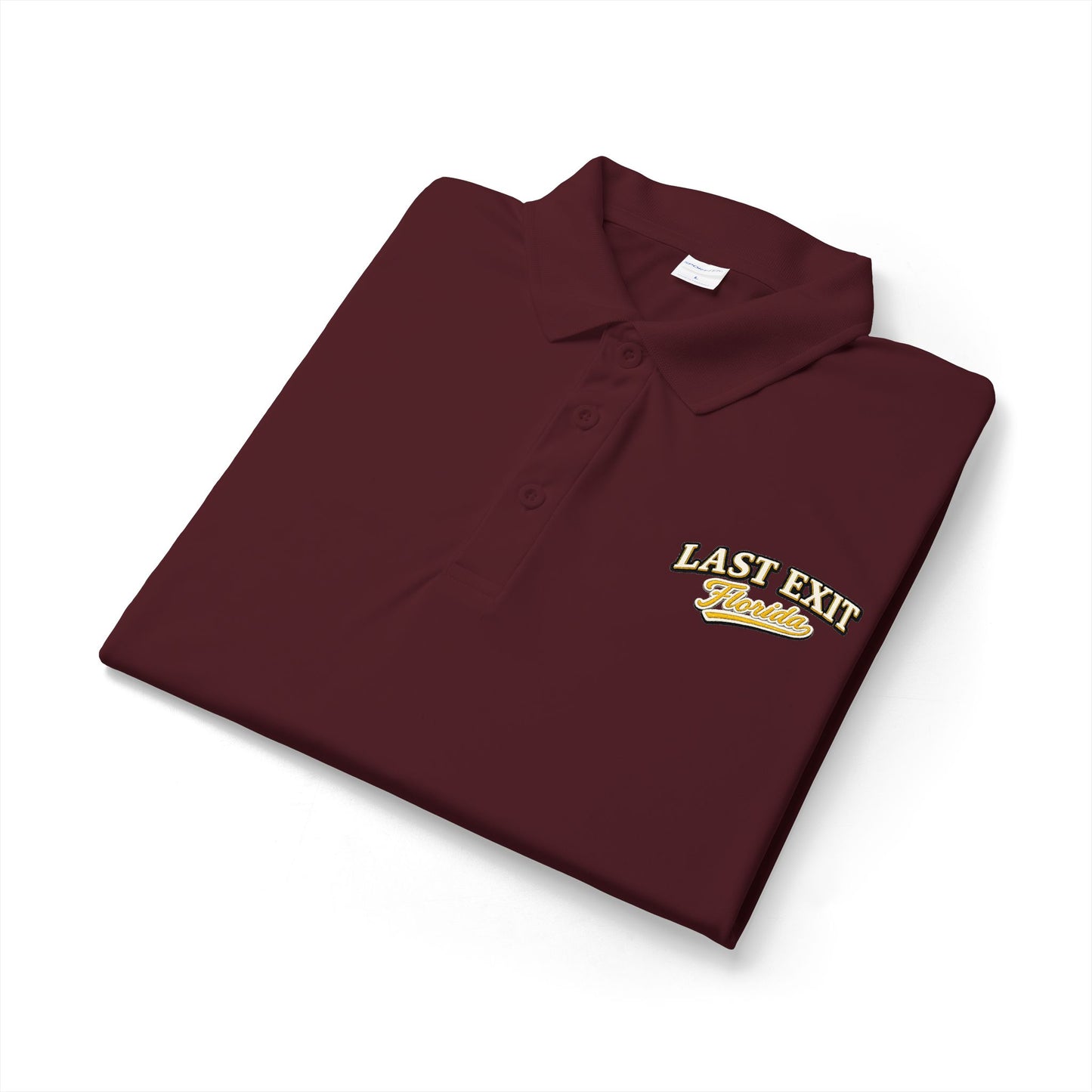 Last Exit Florida Vintage Script Performance Polo — Embroidered Golf & Travel Polo