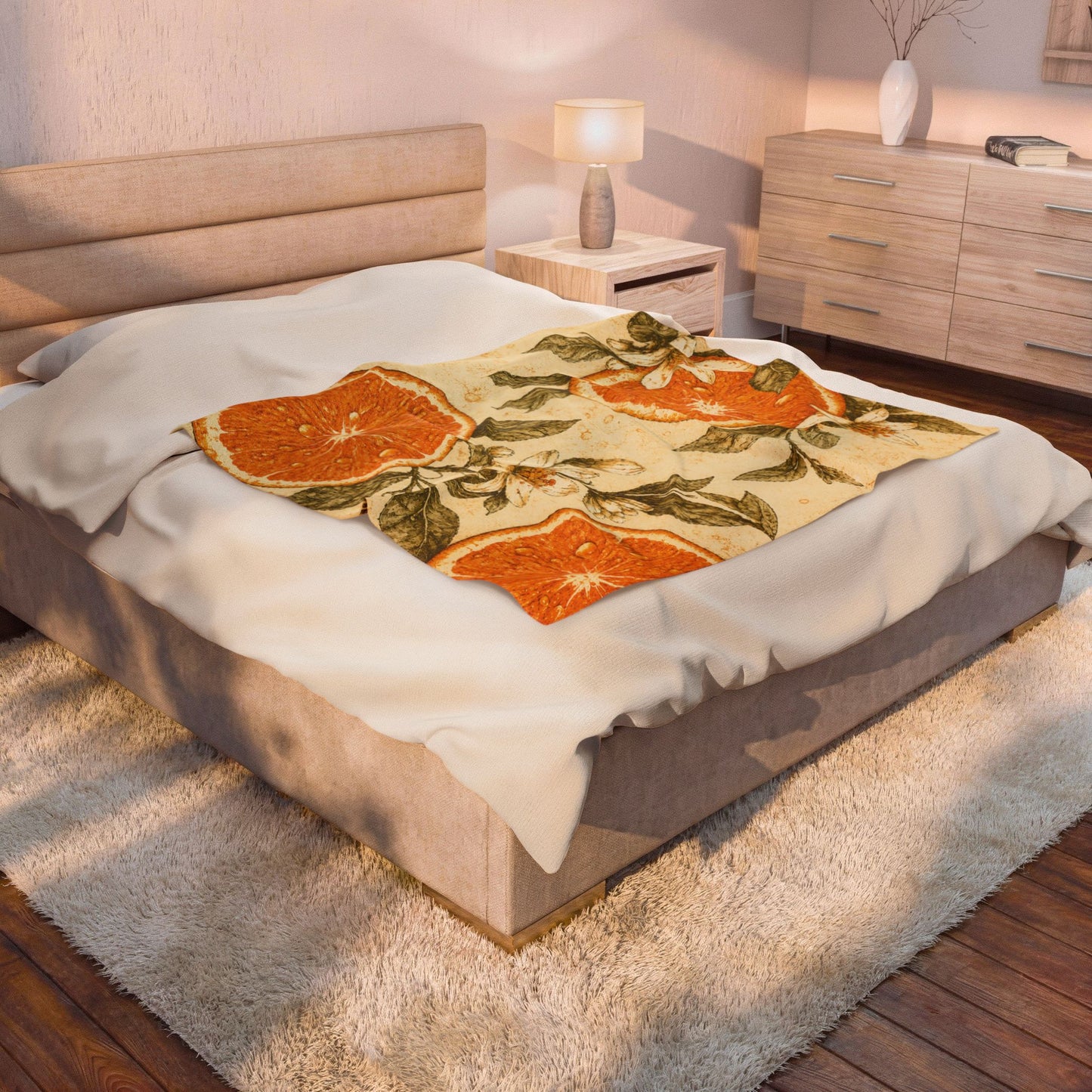 Velveteen Plush Blanket — Vintage Orange Citrus Floral Throw