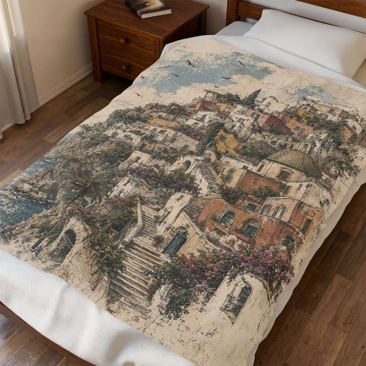 Amalfi Coast Vintage Art Print Velveteen Plush Blanket — Mediterranean Coastal Blue Throw