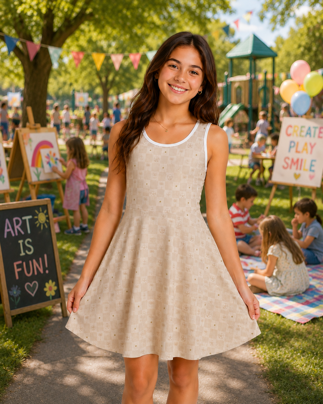 Girls' Sleeveless Sundress — Neutral Checkerboard A-Line (Florida-Inspired)