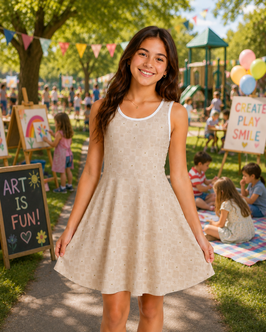 Girls' Sleeveless Sundress — Neutral Checkerboard A-Line (Florida-Inspired)